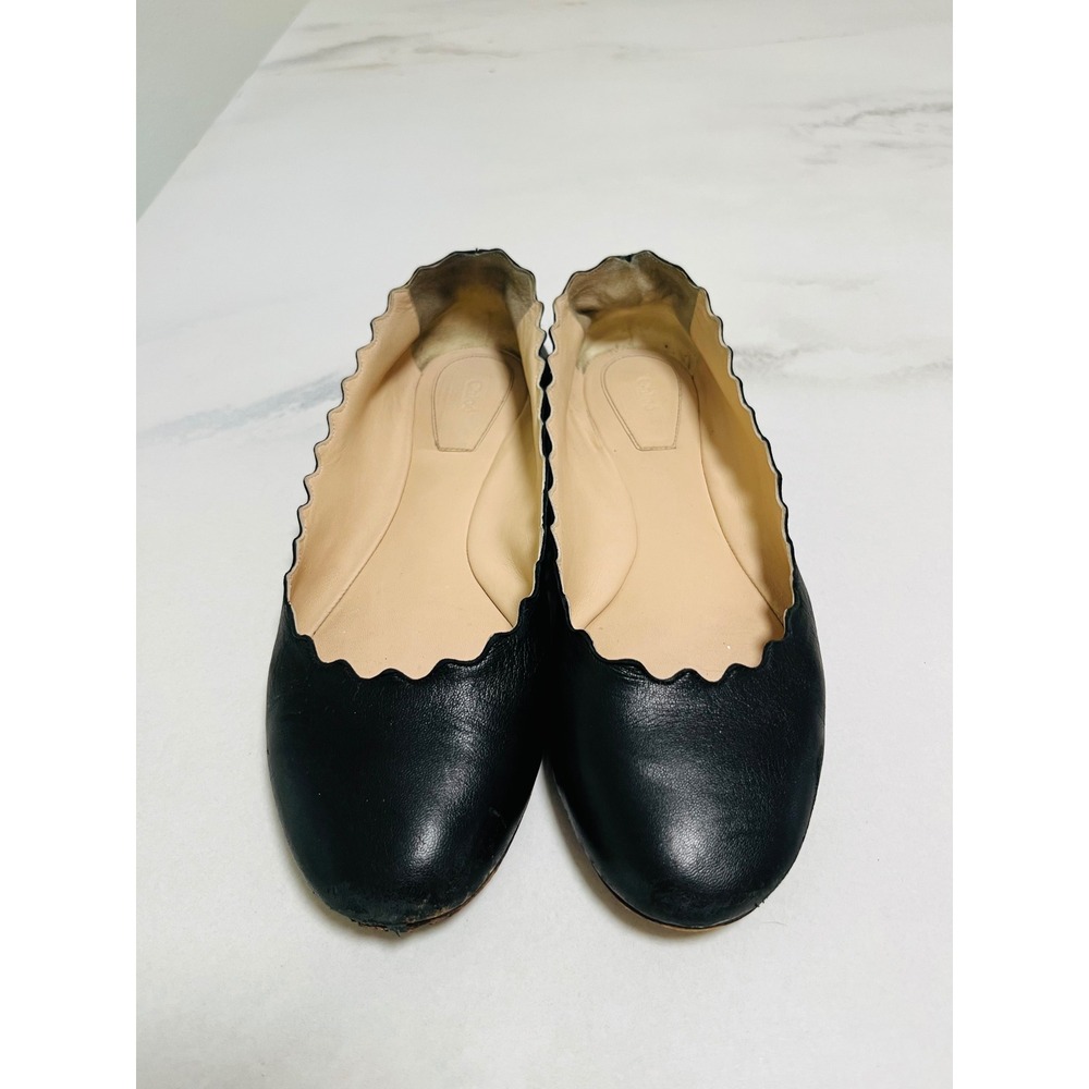 Chloe Lauren Scalloped Leather Ballet Flats Black 37 Designer Round Toe Shoes